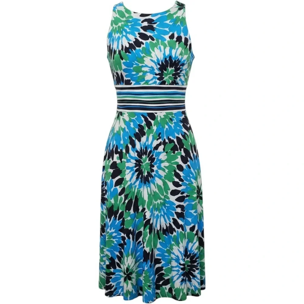 Evan Picone Petite Blue Green Floral Sleeveless Fit Flare Dress 8P Striped Waist